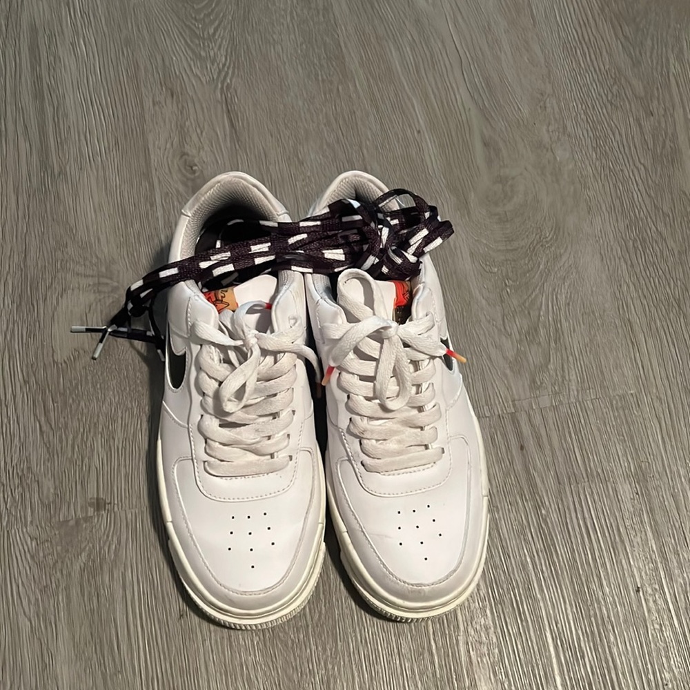 colorful pixel air forces with white orange red yellow and come with more laces